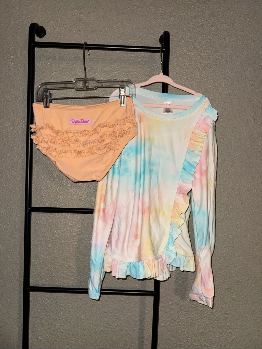 Ruffle Butts Pastel Tie-Dye Ruffle Bikini Set - Mint, Peach, Yellow